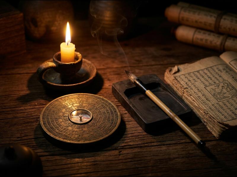 八字命盤:羅盤、毛筆與命書